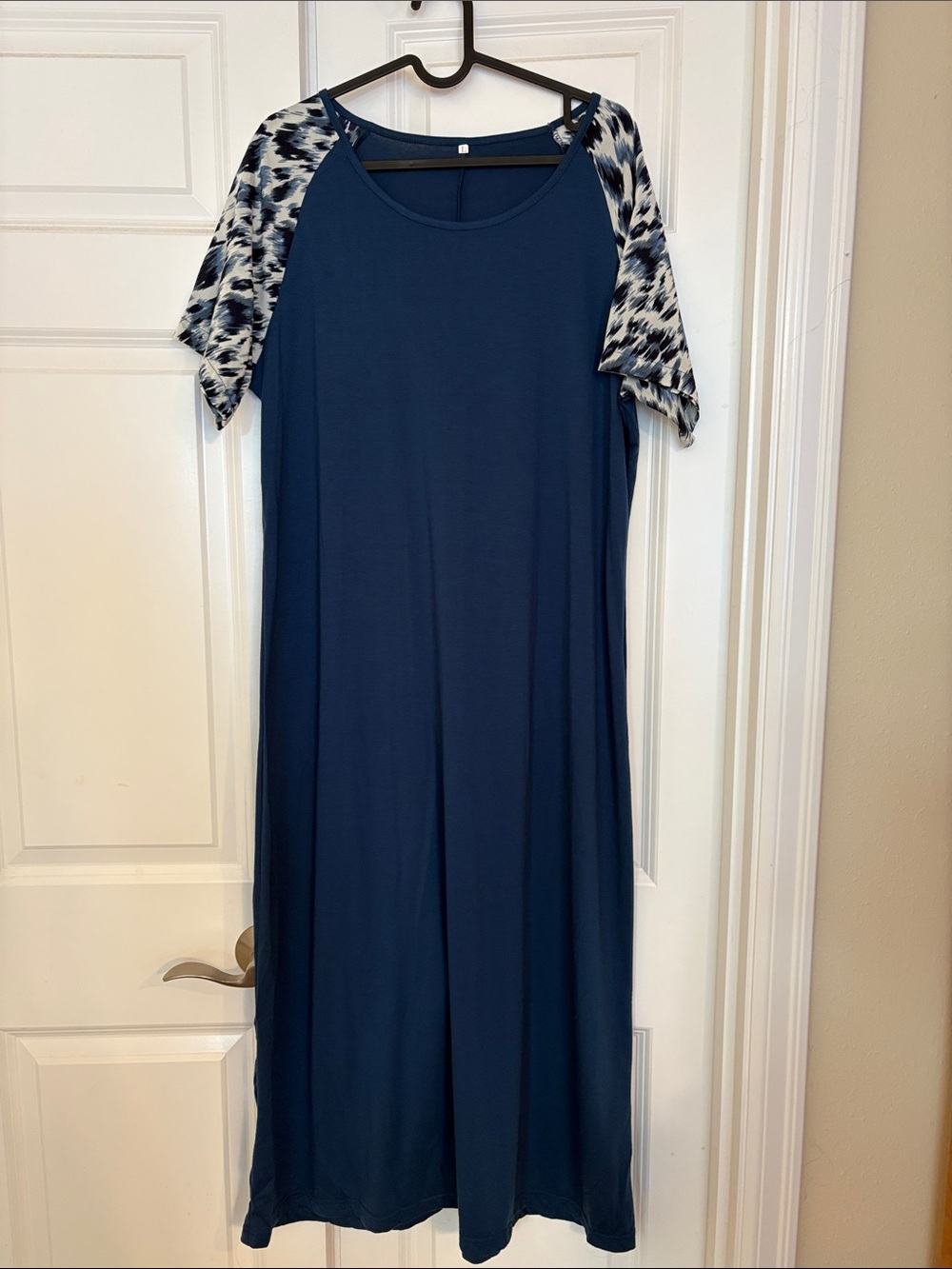Navy Midi Dress with Patterned Raglan Sleeves - Picture 1 of 5